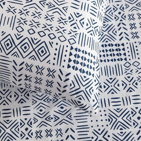 🆕4 Piece Blue King Bed Sheet Boho Geometric Patterned Soft & Wrinkle Bed Set - Picture 3 of 7